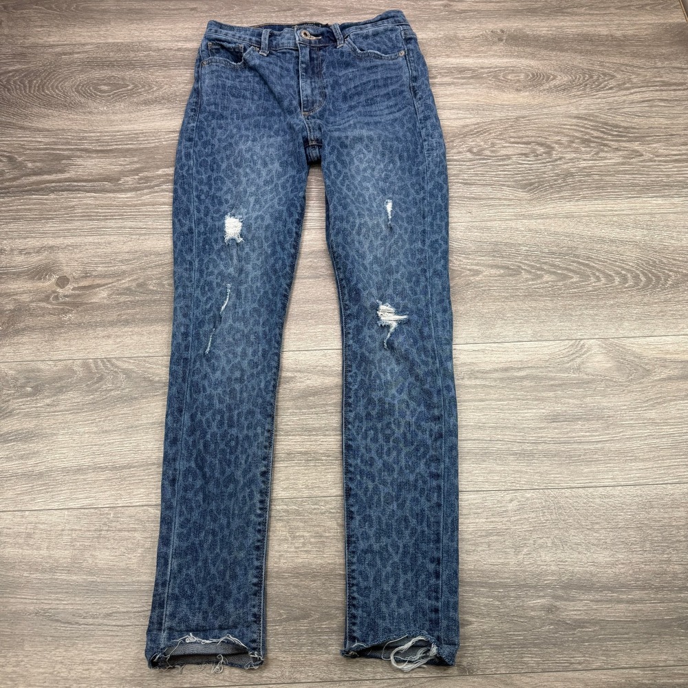 Lucky Brand Jeans Womens 6/28 Blue Mid Rise Skinny Leopard Distressed Raw Hem